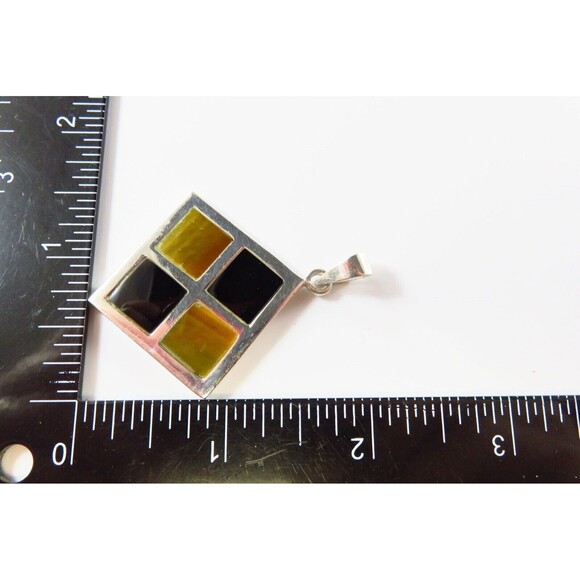 Vintage Kite Form Sterling Pendant Inlaid Tigers Eye & Onyx 2" Drop - Picture 6 of 6